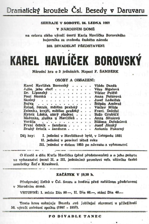 Vrlo dugo zadržao se običaj brojanja predstava, pa tako ovaj plakat iz 1957. godine poziva gledatelje na jubilarnu 200. predstavu Češke besede Daruvar (arhiv Češke besede Daruvar)