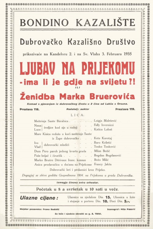 Programska cedulja predstave <em>Ljubav na prijekomu</em> u izvedbi Dubrovačkog kazališnog društva, 2. i 3. veljače 1935.