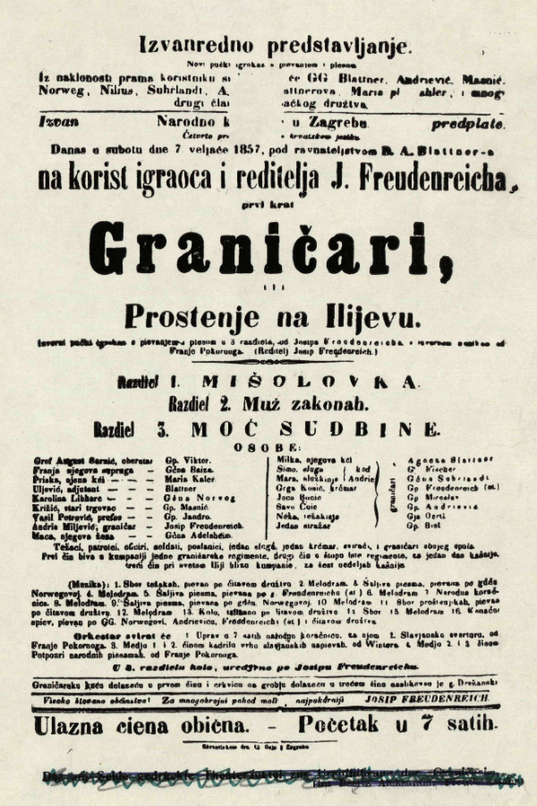 Programska cedulja praizvedbe Freudenreichovih <em>Graničara</em>, 7. veljače 1857.