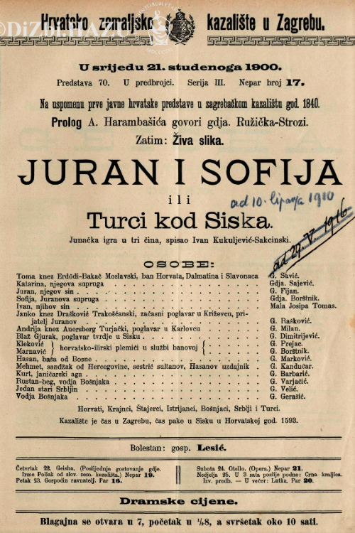 Programska cedulja kazališne izvedbe <em>Jurana i Sofije</em> u Hrvatskom zemaljskom kazalištu u Zagrebu, 21. studenog 1900.