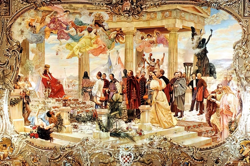 Slika <em>Hrvatski preporod</em> Vlahe Bukovca koji prikazuje Sidoniju Rubido Erdödy i Ilirce na svečanom zastoru u HNK-u u Zagrebu